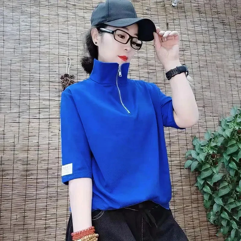 薄款时尚拉链短袖宽松t恤女夏季新款气质百搭弹力显瘦上衣潮