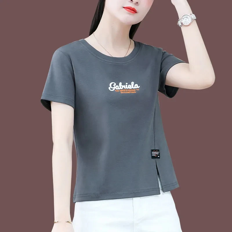 印花短袖时尚百搭薄款修身型女士半袖t恤夏季洋气宽松刺绣T恤大码