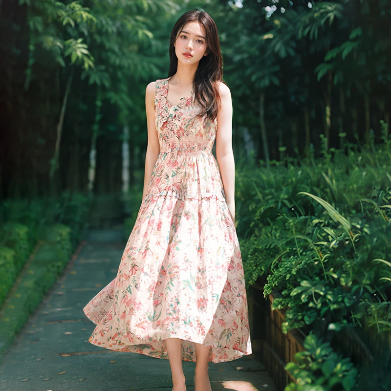 48小时发货设计感方领无袖连衣裙女夏季新款精致气质温柔吊带裙