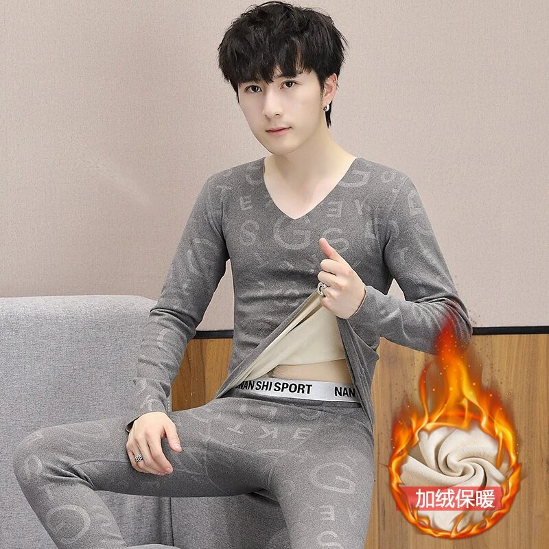 秋冬季无痕德绒发热保暖内衣2024男士青年压花秋衣秋裤套装打底衫