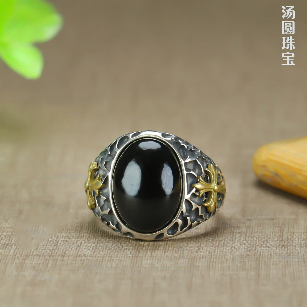 天然和田玉墨玉双拼色男士霸气款s925银镶嵌复古工艺开口戒可调节