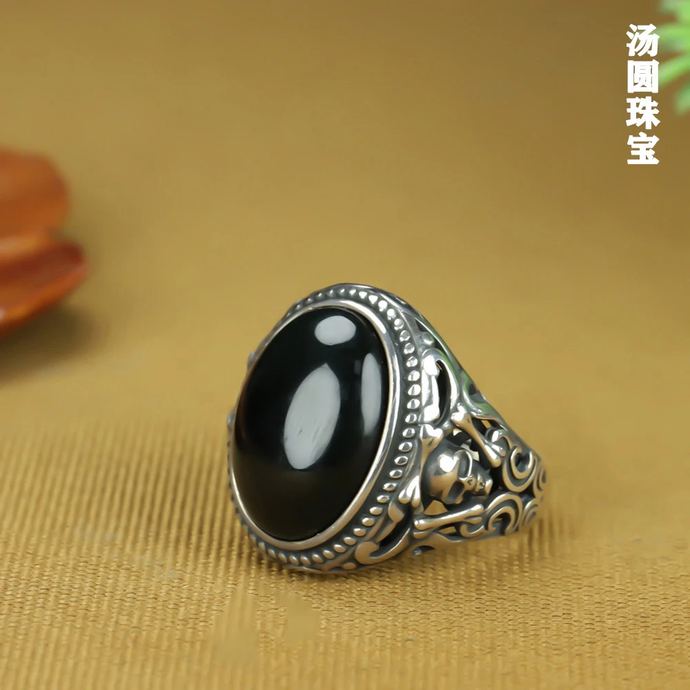 天然和田玉墨玉鸽子蛋男士复古工艺霸气款s925银镶嵌开口戒可调节
