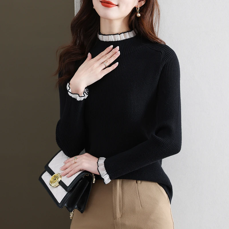 时尚品牌法式优雅蕾丝长袖针织衫女修身内搭打底弹力衫上衣