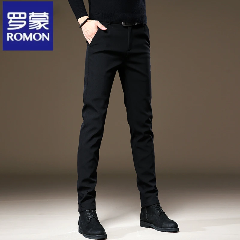 罗蒙秋冬新款黑色休闲裤男修身小脚潮流商务小西裤弹力直筒男裤子