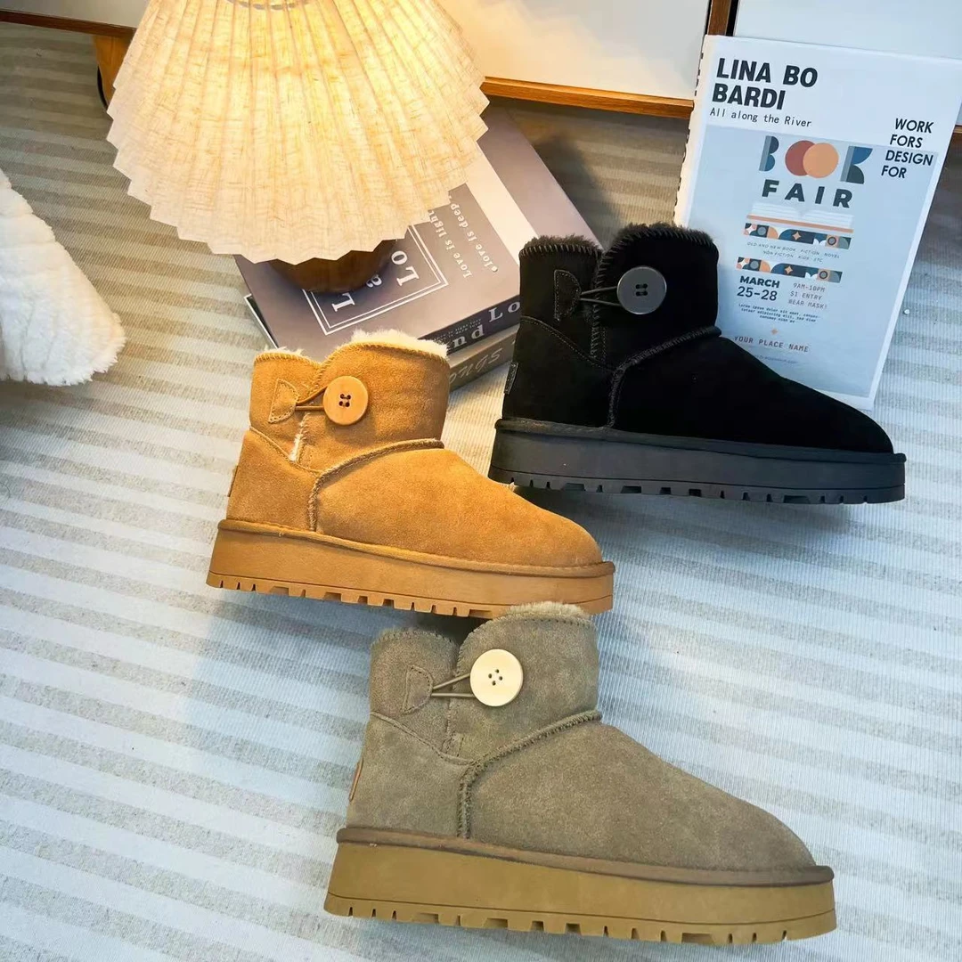 2025新款厚底纽扣款雪地靴女半防水真皮加绒加厚防滑棉鞋时尚保暖