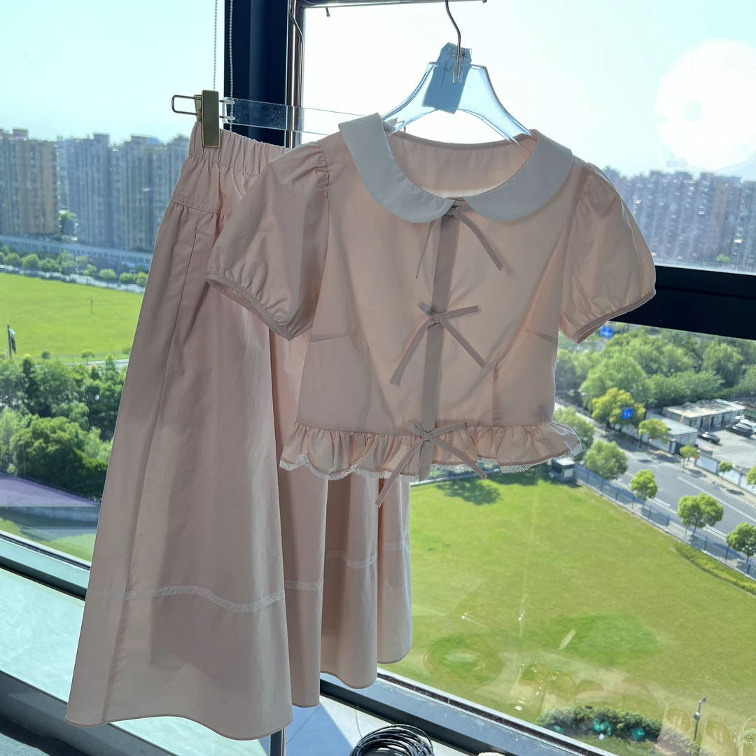 【桃桃心事】蝴蝶结系带衬衫上衣半身裙两件套2024夏季小个子套装Ｑ