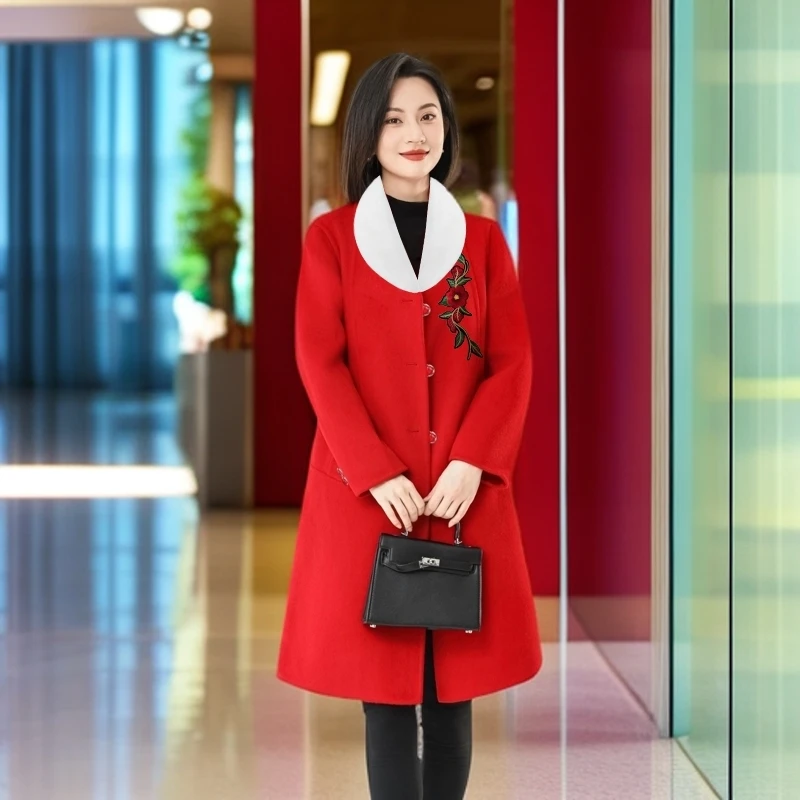 高档原创可脱卸水貂领画龙点睛刺绣双面呢中长大衣服饰外套毛呢装