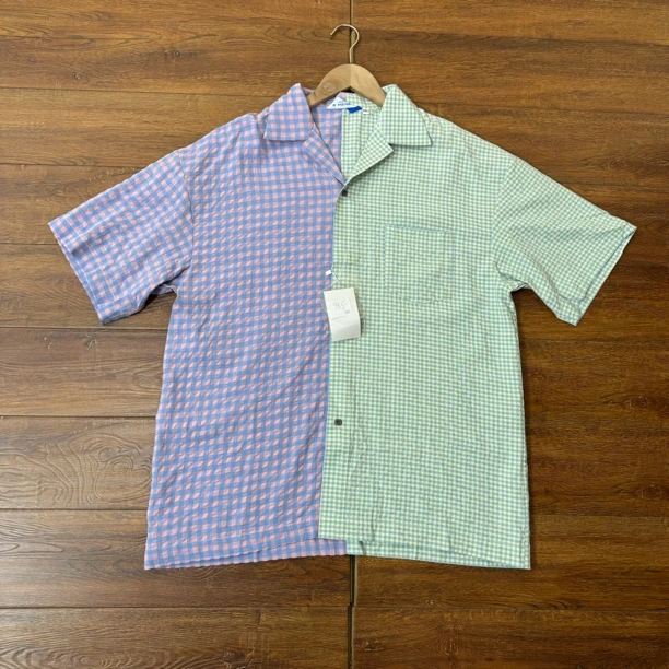 潮牌男女多巴胺夏季撞色拼接格纹短袖衬衫-984