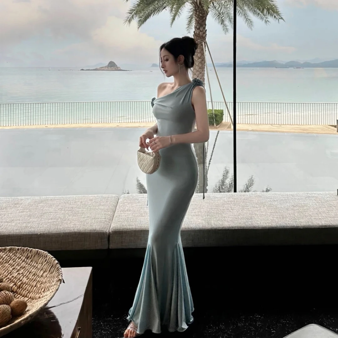 Zoey夏日冰川蓝针织弹力包臀收腰鱼尾夏季连衣裙气质斜肩设计长裙