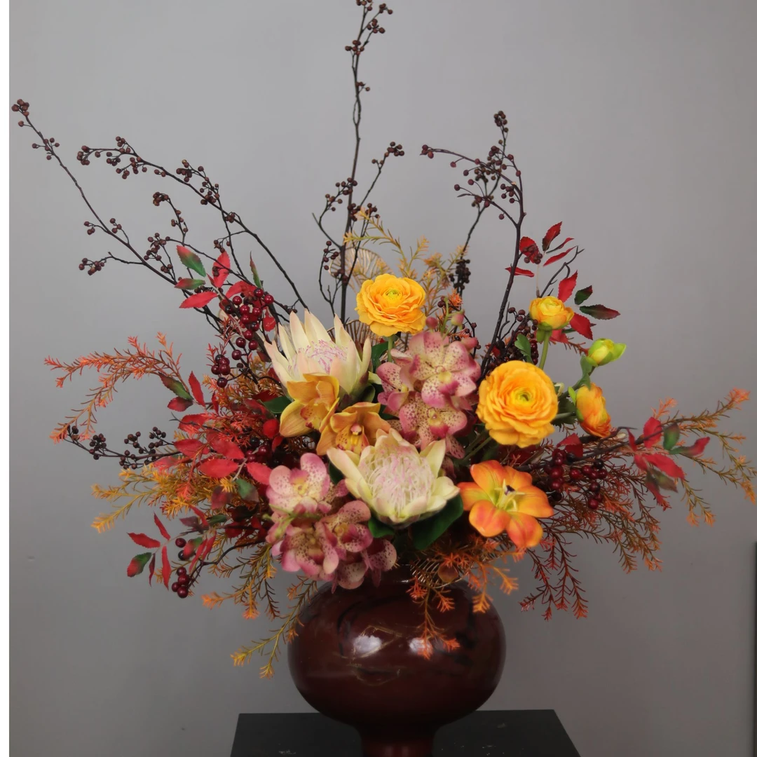 {菲娅} 秋晚来 橙红色系仿真花束设计 设计师系列