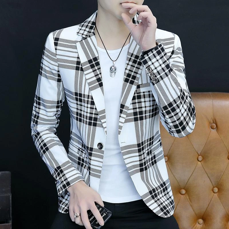 春秋季短款休闲西服外套男士格子西装韩版潮流修身小西服薄款上衣