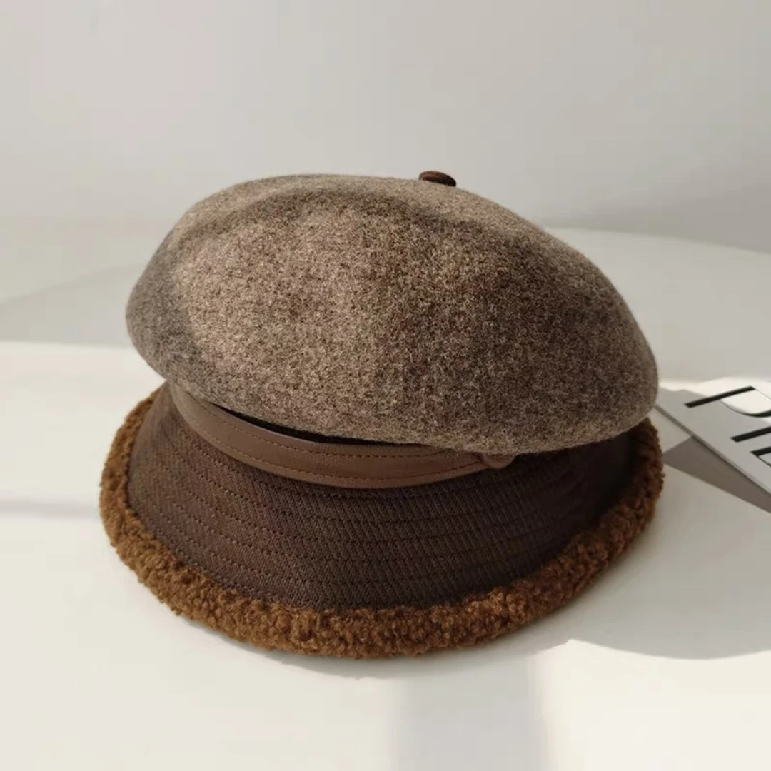 女士高端撞色加厚大赫本帽