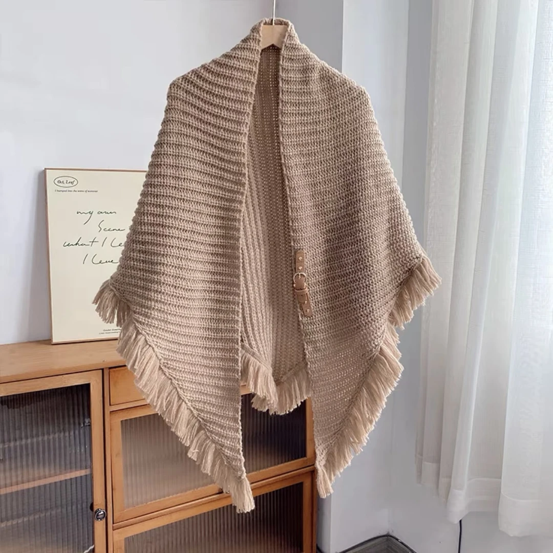秋冬针织皮扣大三角披肩