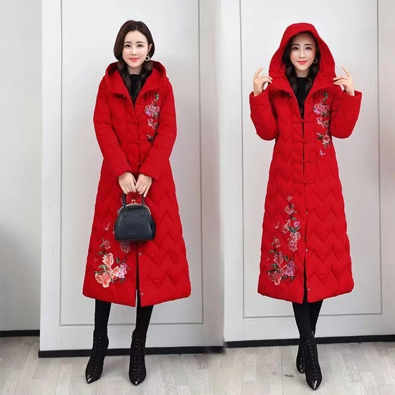 2023新款冬季女款棉服长款过膝棉衣复古中国名族风刺绣加厚袄外套