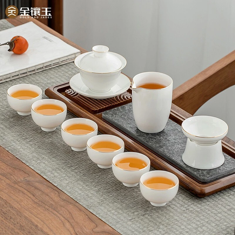 金镶玉 功夫茶具茶壶茶杯 台词羊脂玉瓷礼盒小圆融套装白瓷家用