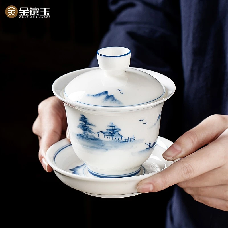 金镶玉盖碗茶具青花三才大号陶瓷白瓷手绘礼盒迎客松盖碗高端中式