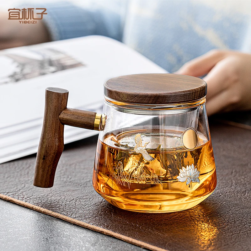 金镶玉茶水分离杯仙鹤飞天泡茶杯过滤耐热木把办公杯高端男士专用