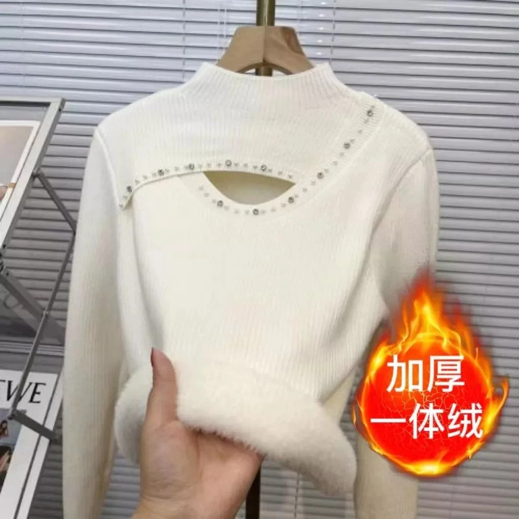 加绒加厚打底衫针织打底衫小心机镂空毛衣性感加绒打底内搭上衣女