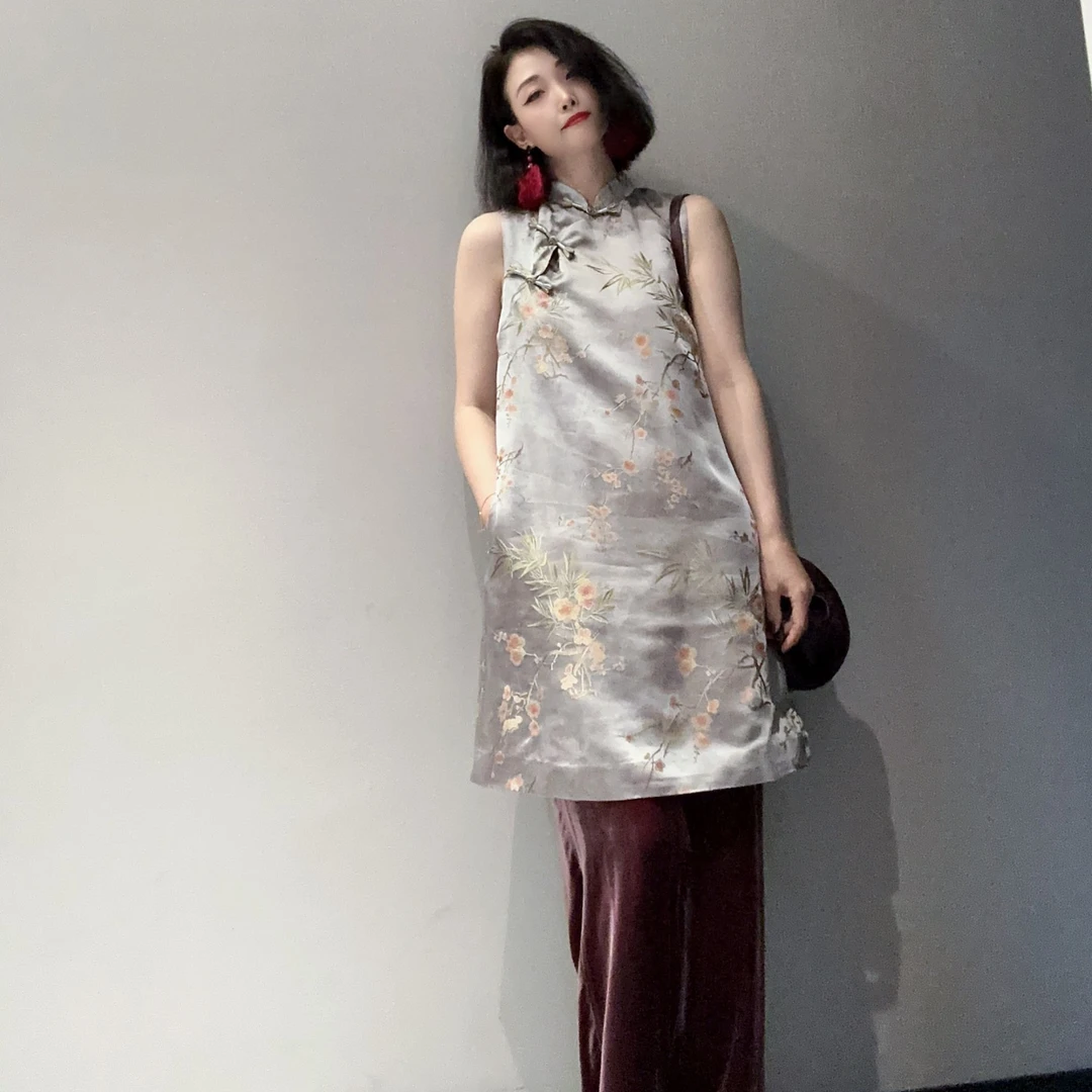 【舲舲专属】XI【雅韵】清冷灰提花新中式无袖中长款旗袍裙MD9530