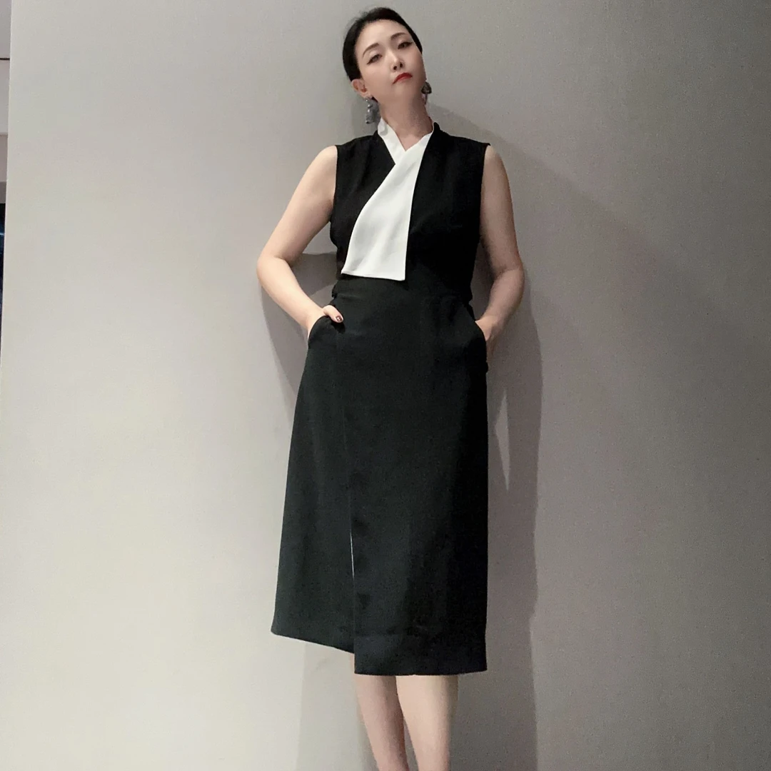 黑白款气质高贵轻奢职场风醋酸连衣裙MD9672