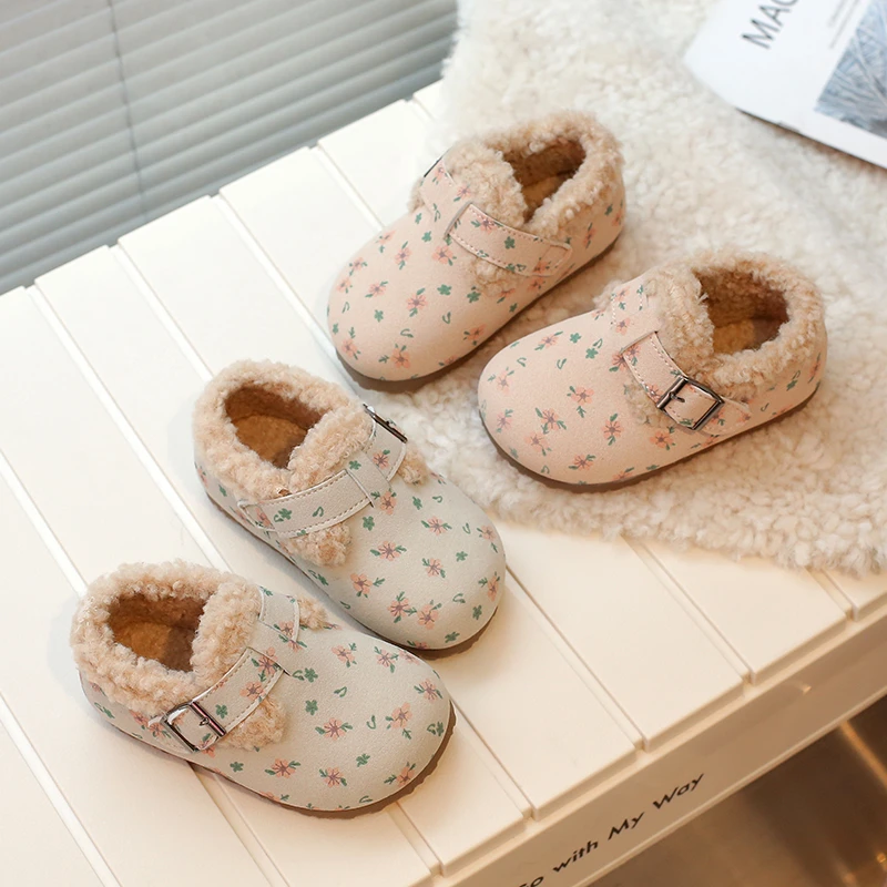 女童勃肯鞋2024冬季新款儿童小碎花公主鞋小童二棉鞋子软底宝宝鞋