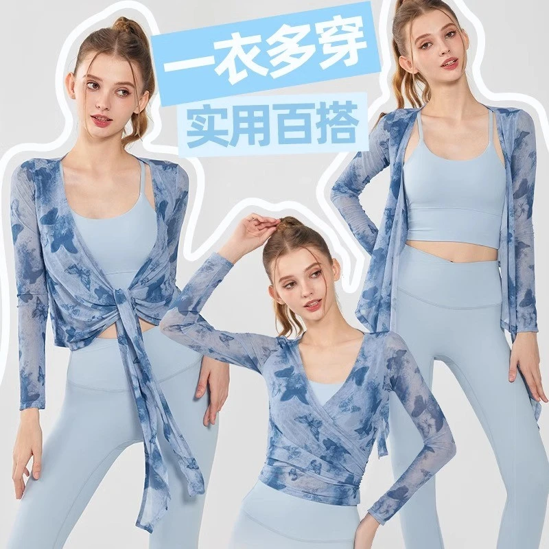 蝴蝶印花瑜伽服罩衫网纱二件套一体杯透气普拉提训练运动健身衣女