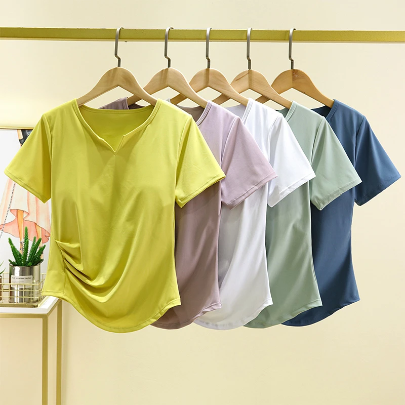 2025春夏新款瑜伽服女短袖V领裸感紧身跑步运动T恤含胸垫健身薄款