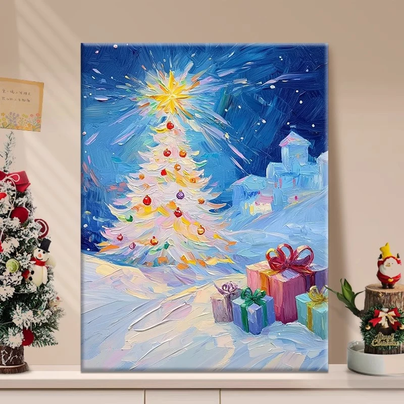 (氛围圣诞夜）diy数字油画红线条手工填涂色解压治愈丙烯装饰画