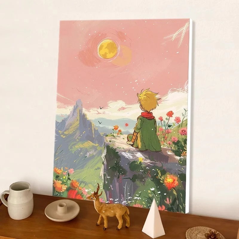 (小王子看日落）diy数字油画红线条手工填涂色解压治愈丙烯装饰画
