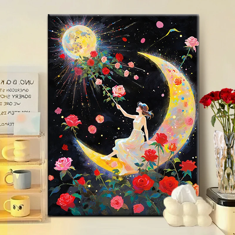 （与月共舞）diy数字油画红线条手工填涂色解压治愈丙烯装饰画