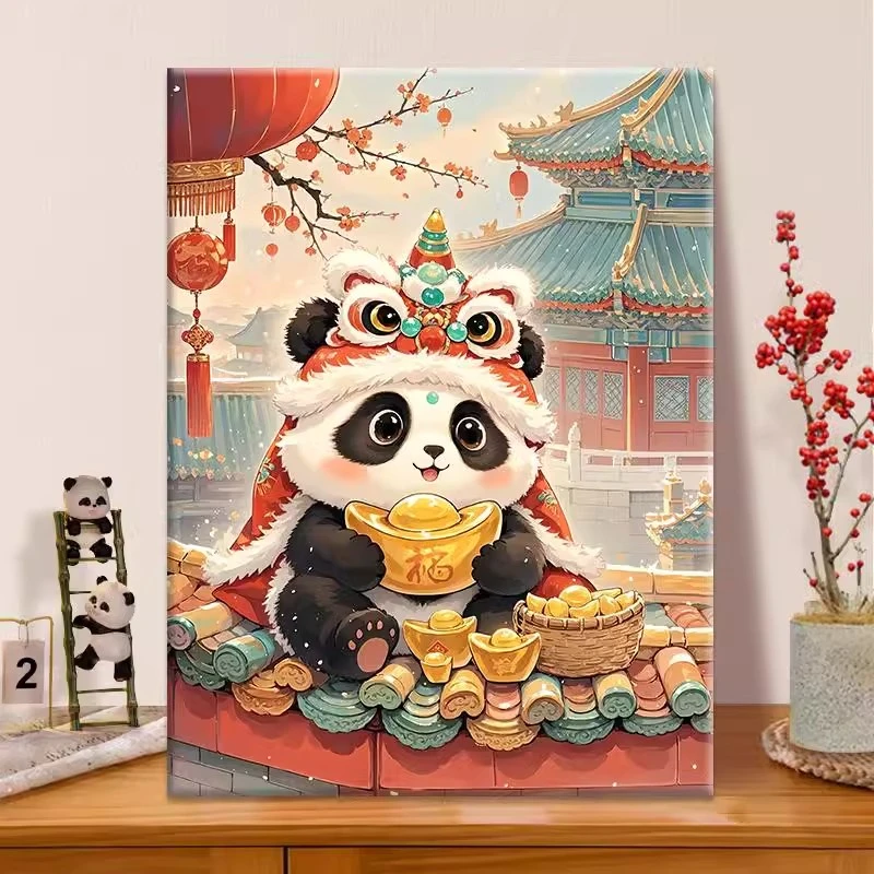 (国宝送财福）diy数字油画红线条手工涂色解压治愈送礼丙烯装饰画、