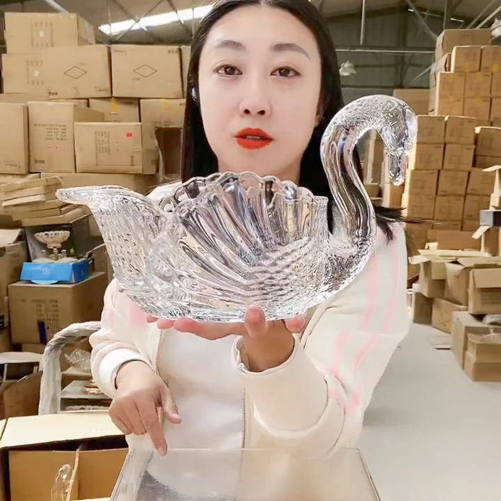 【汐岸自营】欧式水晶玻璃大号天鹅果篮轻奢简约客厅茶几干果盘子