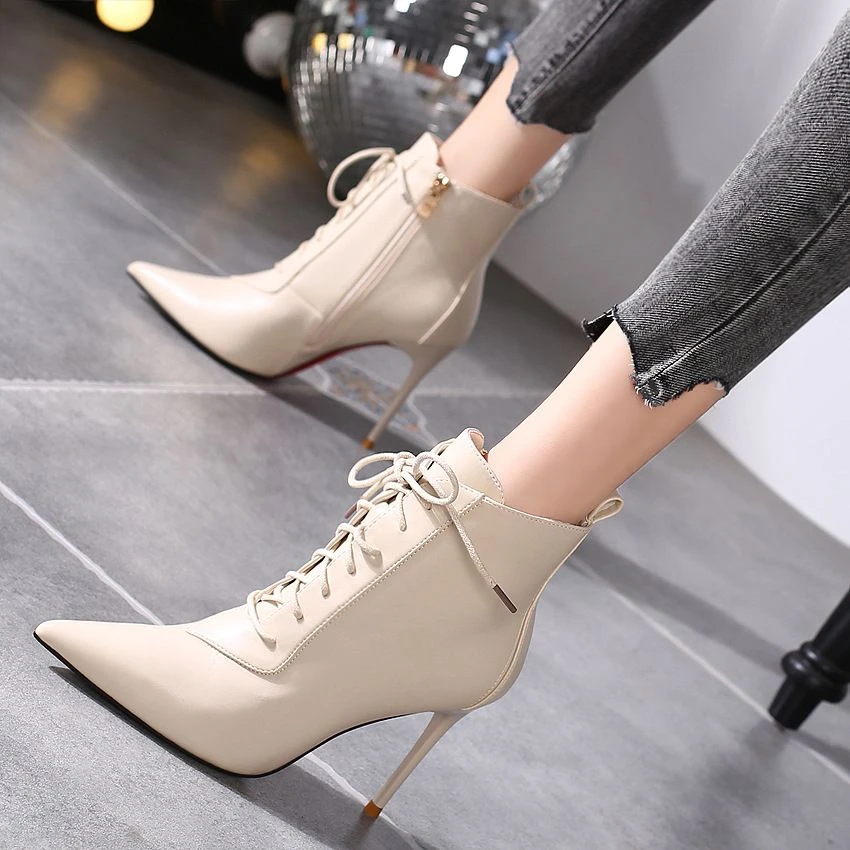 真皮短靴女2023秋冬季新款尖头高跟鞋细跟系带气质时尚瘦瘦马丁靴