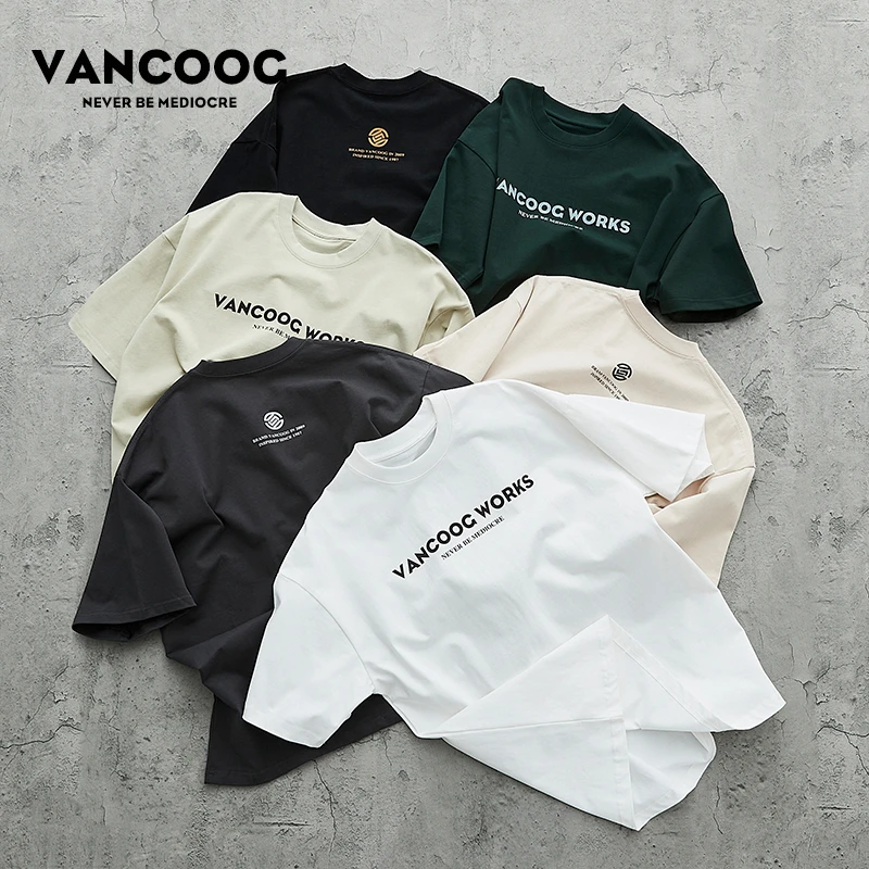 VANCOOG2023夏季潮牌简洁LOGO字母印花宽松纯棉落肩情侣短袖T恤男
