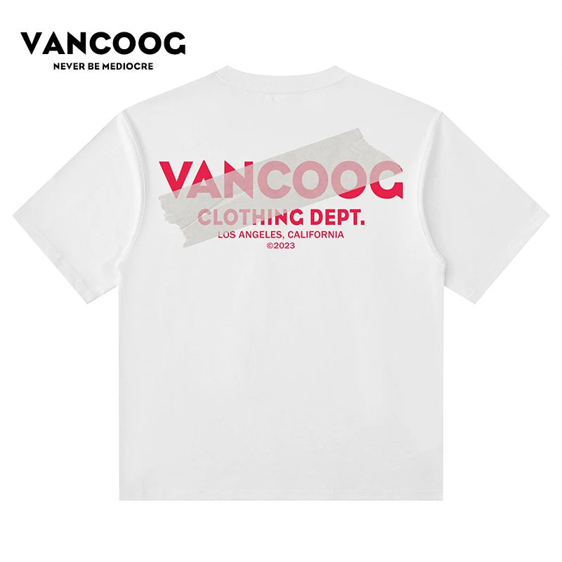 VANCOOG夏季潮牌重磅纯棉胶布效果LOGO印花宽松大码情侣短袖T恤男