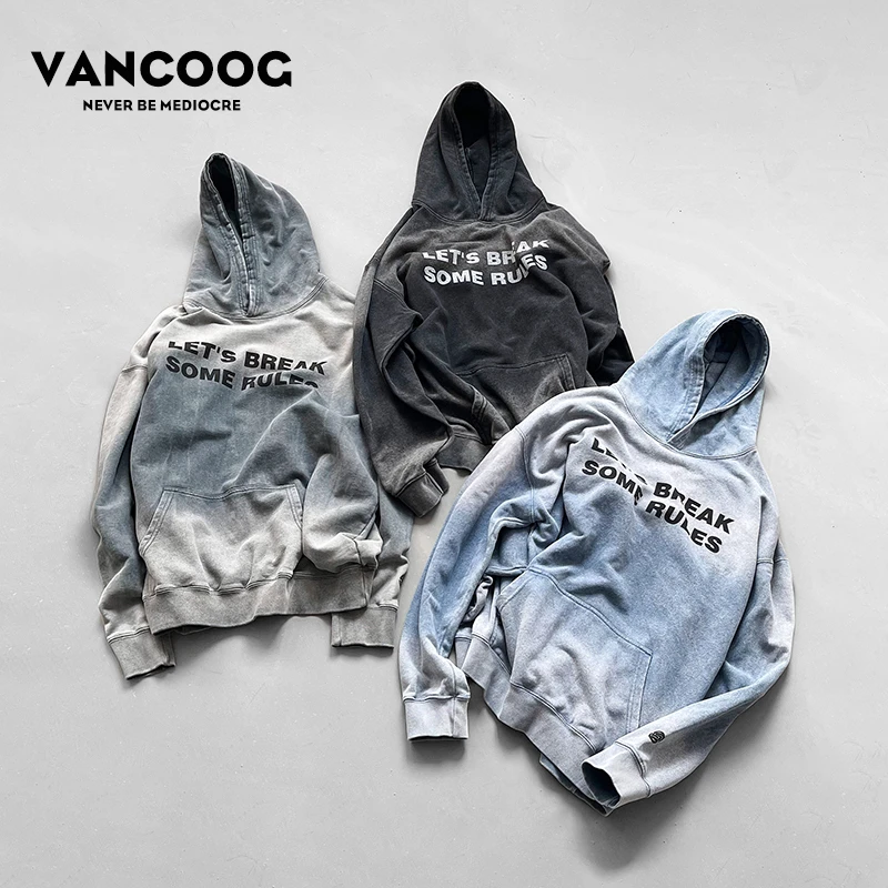 VANCOOG秋新款美式渐变水洗连帽外套做旧字母印花宽松潮牌卫衣男