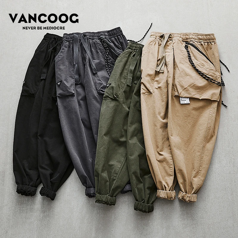 VANCOOG美式潮牌复古做旧悬浮多口袋宽松休闲裤束脚哈伦锥形裤男