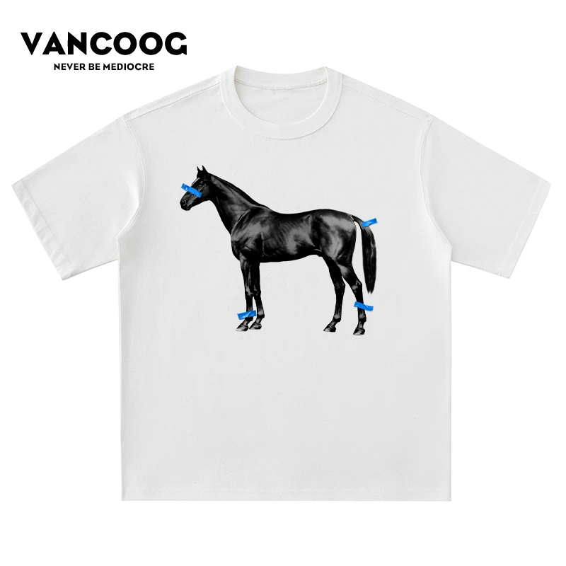 VANCOOG新款潮牌数码直喷horse马印花宽松百搭落肩情侣短袖T恤男