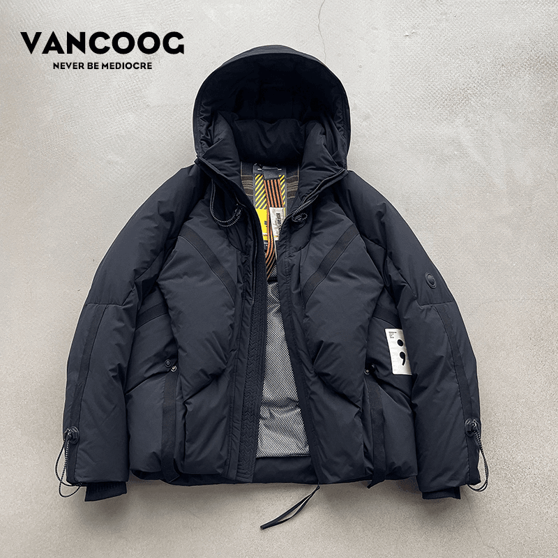 VANCOOG冬季加厚多口袋白鸭绒外套宽松御寒保暖连帽短款羽绒服男