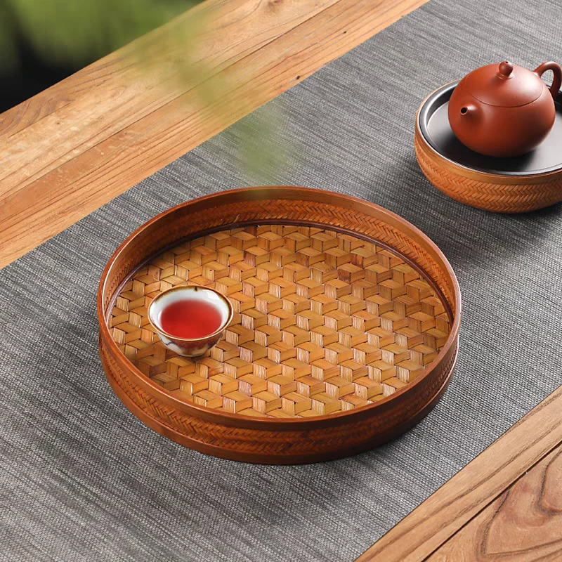 大漆竹编托盘家用圆形收纳筐中式复古龟甲编奉茶盘茶杯茶具收纳盘