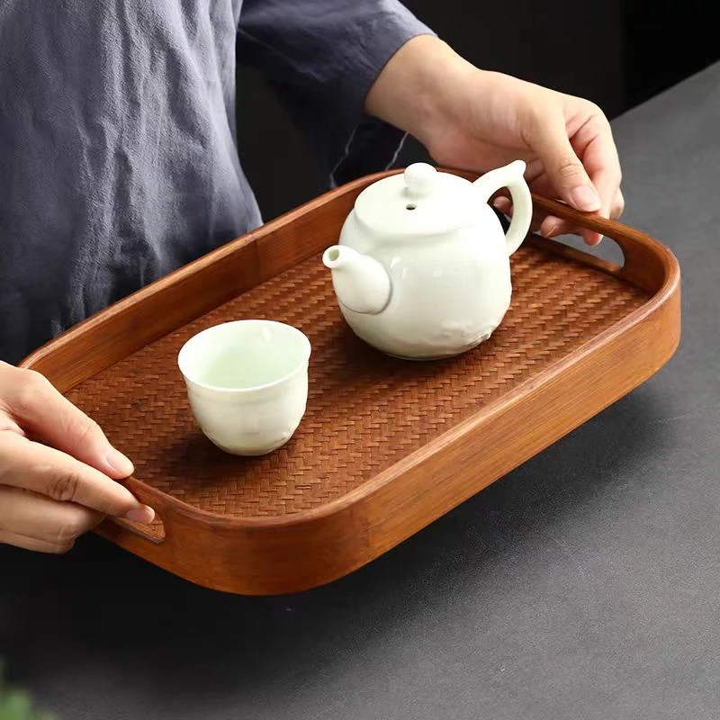 竹编大漆席面长方形托盘