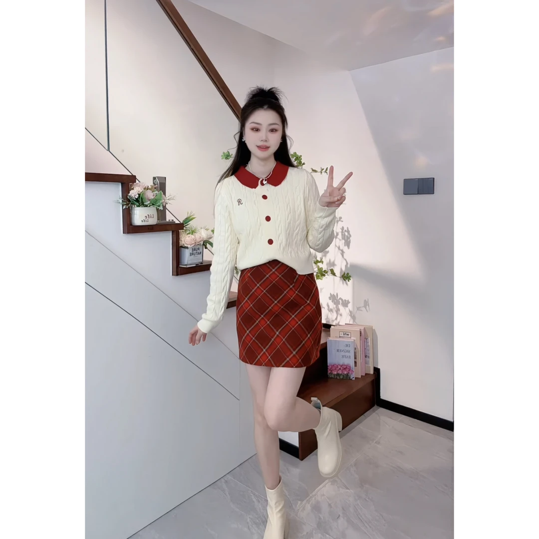 MYC ·2025新款毛织上下套裙时尚撞色格纹长袖两件套显瘦小香风