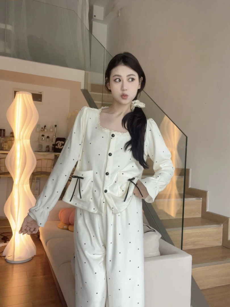 秋冬季海岛绒甜美公主风法式小香风波点加厚保暖新款家居服睡衣女