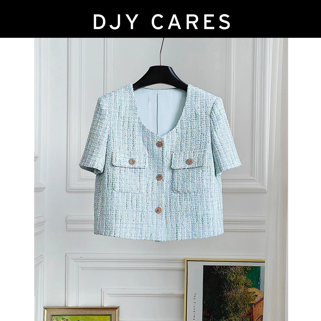 DJYCARES小香风工厂 凉感编织圆领小香风短款显瘦设计感短袖上衣