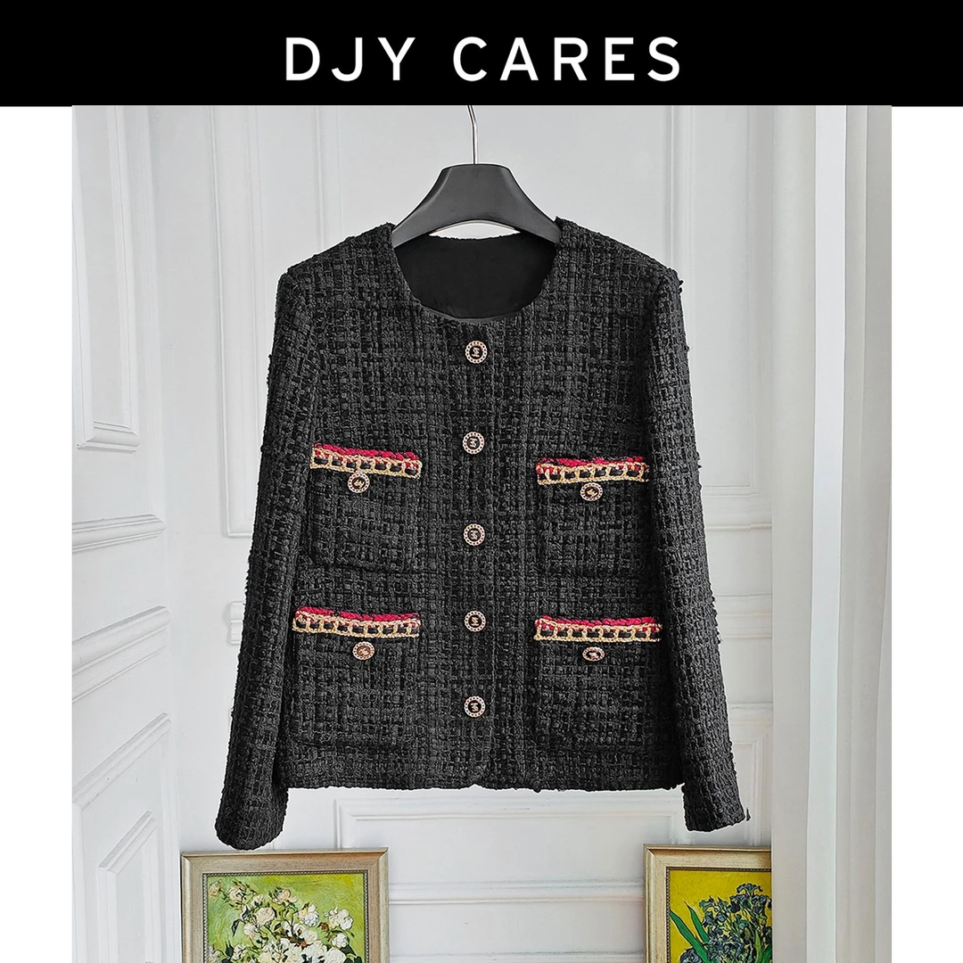 DJYCARES小香风工厂法式名媛气质黑色圆领绵羊毛粗花呢小香风外套