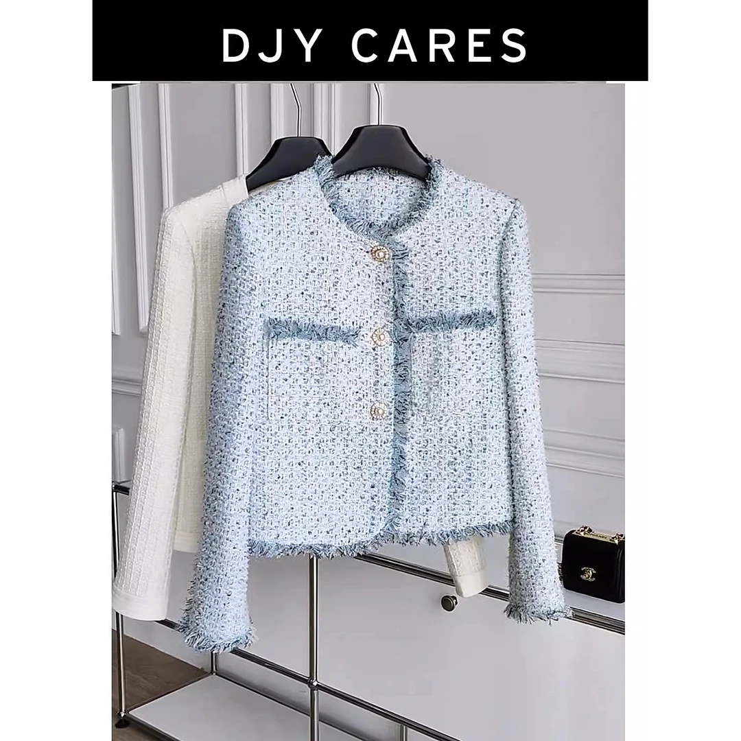 【格桑花】小香风工厂 设计感流苏小香风外套编织时尚显瘦蓝色上衣