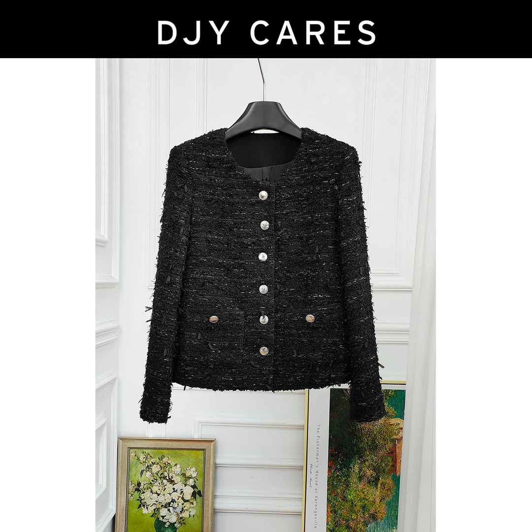 DJYCARES小香风工厂设计感羊毛蝴蝶纱小香风黑色高端名媛外套上衣