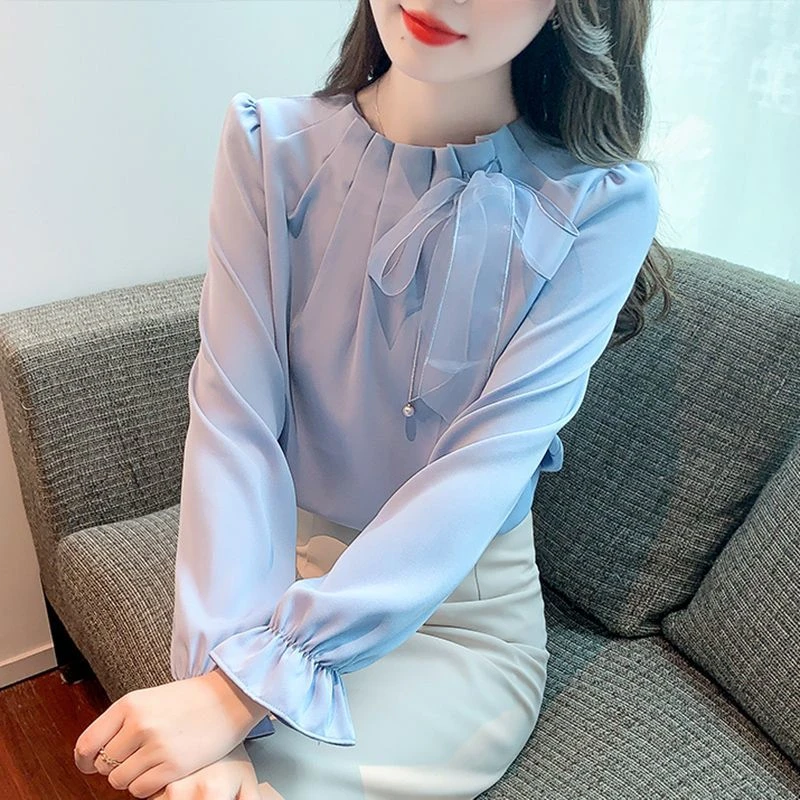 蝴蝶结长袖衬衫秋2025年新款显瘦百搭上衣时尚洋气小衫女