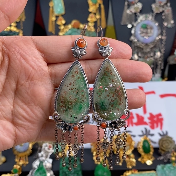 翡翠耳饰银S925镶嵌天然翡翠耳坠