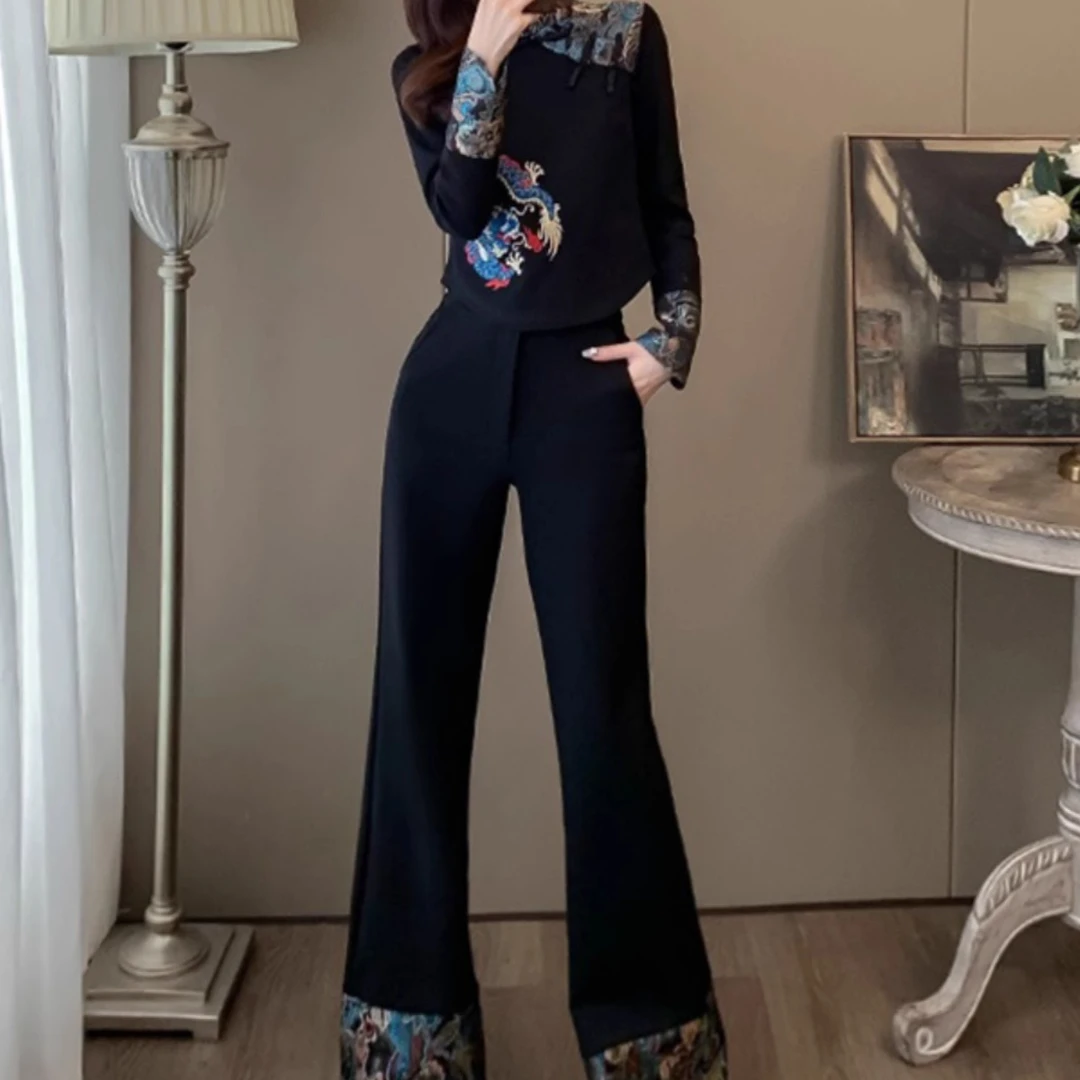 602中式国风刺绣休闲运动套装女秋冬季新款时尚洋气阔腿裤两件套